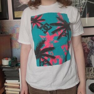 DC White Tee with Pink and Teal Palm Design